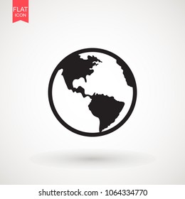 Earth planet world globe map icon. Flat illustration of continent on planet icon isolated on white background. Flat planet Earth icon. Vector illustration.