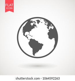 Earth planet world globe map icon. Flat illustration of continent on planet icon isolated on white background. Flat planet Earth icon. Vector illustration .