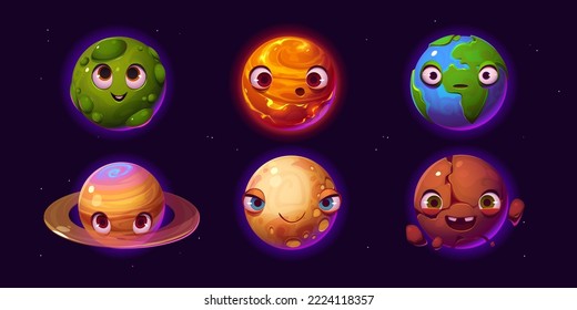 Tierra, planetas y personajes asteroides con diferentes emociones. Objetos de galaxia, sonrisa cósmica divertida, caricatura vectorial sorprendida y triste aislada en fondo negro