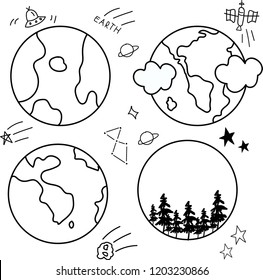 Earth and planets. Hand drawing icons.