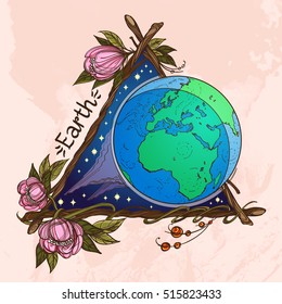 Earth. Planets and stars of Solar system. Symbols for astronomy and astrology.