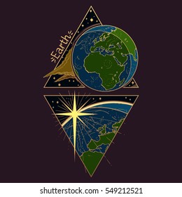 Earth. Planets and stars of Solar system. Symbols for astronomy and astrology. Stylized characters with a gold contour in the form of triangles on a dark background.