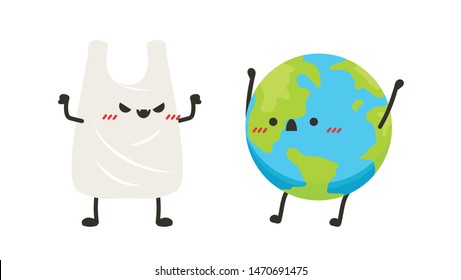 Earth and plastic bag character design. planet vector. symbol. logo plant vector. earth day mascot.