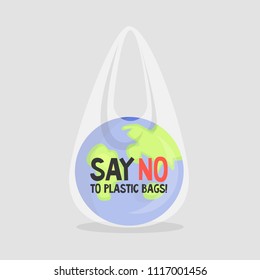 Earth in a plastic bag. Ecology conversation. Eco catastrophe. Segregation and recycling.  Flat editable vector illustration, clip art