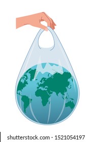 The earth is in a plastic bag that is held up by a human hands