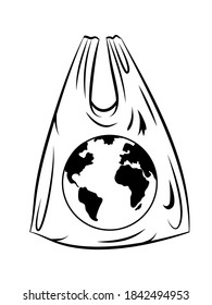 The Earth in a plastic packet. A conceptual black and white illustration of the pollution of the world with plastic waste. Great logo for eco design.