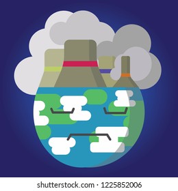 Earth Pollution Concept Illustration With Flat Style Design. Planet Earth Going Through Climate Change Due To Greenhouse Gasses