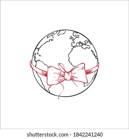 Earth present gift with red ribbon and needle