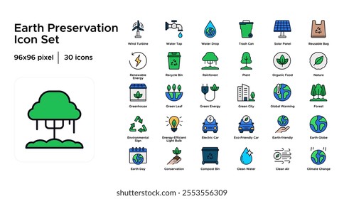 Earth Preservation Filled Line Icon Set: Recycling, Wildlife Protection, and Sustainable Practices Icons