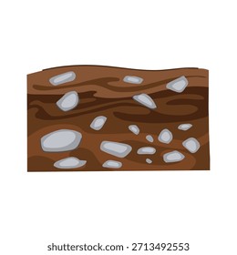 Erdprofil mit unterschiedlichen Bodenschichten mit eingebetteten Felsen und Steinen, die geologische Struktur, Bodenzusammensetzung und die unterirdische Umgebung veranschaulichen