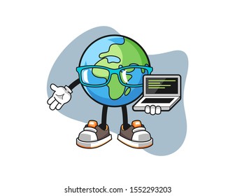 Earth programmer cartoon. Mascot Character vector.