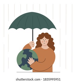 Earth protection concept. Vector illustration of the girl hugging the planet and taking an umbrella above. Caring of the globe. Environment conservation.