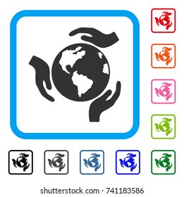 Earth Protection icon. Flat gray pictogram symbol inside a light blue rounded rectangular frame. Black, gray, green, blue, red, orange color additional versions of Earth Protection vector.