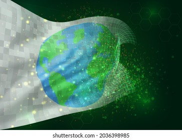 earth protection on vector 3d flag on green background with polygons and data numbers
