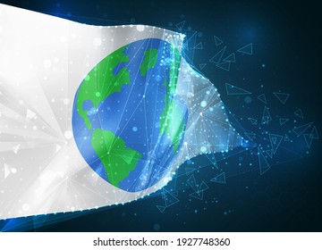 Indicador vectorial de protección de la Tierra, objeto 3D virtual abstracto de polígonos triangulares sobre un fondo azul