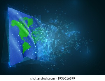 Earth Protection-Vektorflagge, virtuelles abstraktes 3D-Objekt aus dreieckigen Polygonen auf blauem Hintergrund