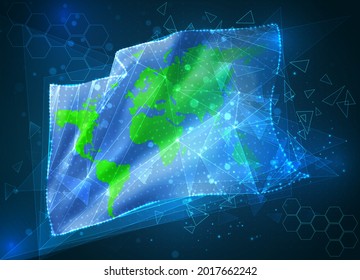 Earth protection vector flag, virtual abstract 3D object from triangular polygons on a blue background
