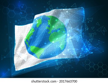 Earth Protection-Vektorflagge, virtuelles abstraktes 3D-Objekt aus dreieckigen Polygonen auf blauem Hintergrund