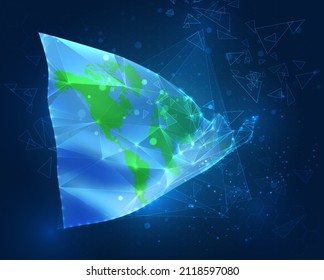 Indicador vectorial de protección de la Tierra, objeto 3D virtual abstracto de polígonos triangulares sobre un fondo azul