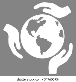 Earth Protection vector icon. Style is flat symbol, white color, rounded angles, gray background.
