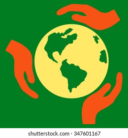 Earth Protection vector icon. Style is bicolor flat symbol, orange and yellow colors, rounded angles, green background.