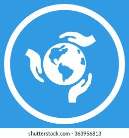 Earth Protection vector icon. Style is flat circled symbol, white color, rounded angles, blue background.
