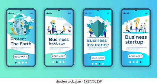 Earth protection,Business incubator, Business insurance, Business startup.A set of UI, UX interfaces for smartphone screens.Features of adaptive design.Flat vector illustration.