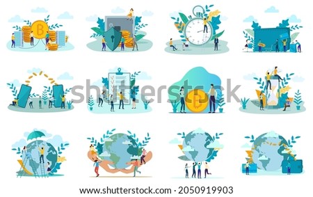 Earth protection,the ozone layer, environmental protection,time management, global financial payments.A set of flat icons vector illustrations on the topic of business and technology.
