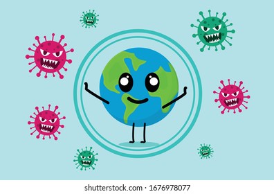 La Tierra, un círculo protector y el concepto creativo de gérmenes diseña la ilustración de la Tierra que se protege contra los ataques de virus y bacterias. protección corona