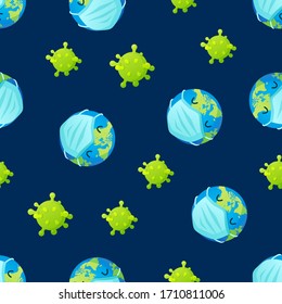 Earth in protective mask coronavirus seamless pattern. Vector background for healthcare medical design.