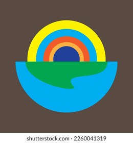 The earth with a rainbow, in a gray sky. 