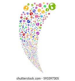 Earth random fireworks stream. Vector illustration style is flat bright multicolored iconic symbols on a white background. Object fountain done from scattered symbols.