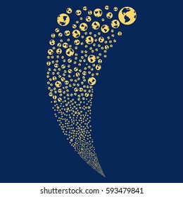 Earth random fireworks stream. Vector illustration style is flat yellow iconic symbols on a blue background. Object fountain created from scattered icons.