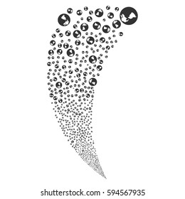 Earth random fireworks stream. Vector illustration style is flat gray iconic symbols on a white background. Object fountain combined from scattered symbols.