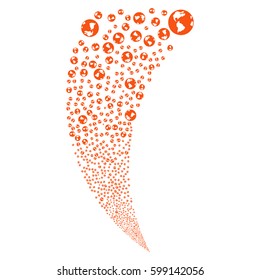 Earth random fireworks stream. Vector illustration style is flat orange iconic symbols on a white background. Object fountain done from scattered symbols.
