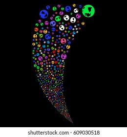 Earth random fireworks stream. Vector illustration style is flat bright multicolored iconic symbols on a black background. Object fountain made from scattered symbols.
