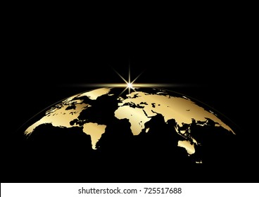 Earth and ray with golden color on black for decoration background, vector illustration 