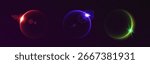 Earth ray and round overlay effect with glowing sphere line. Horizon halo and green edge light on dark sky background. 3D galaxy sunrise, bright dawn in cosmic night with energy arch firework