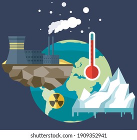 Earth with reasons of destroying. Planet suffers from human activity. Melting glaciers, global warming, air pollution, disposal of radioactive waste. Saving Earth and environmental care concept