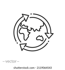 Earth Recycle Icon, Planet Sustainable Circular, Save Clean World, Globe Emission, Thin Line Symbol On White Background - Editable Stroke Vector Illustration