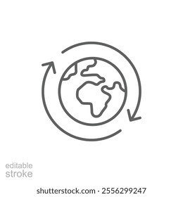 Earth recycle icon. Simple outline style. Planet sustainable circular arrow, save clean world, globe emission, environment concept. Thin line symbol. Vector illustration isolated. Editable stroke.