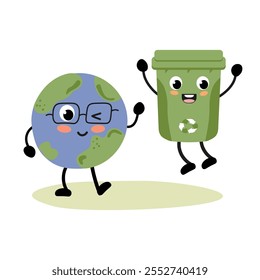 Earth and recycling bin characters promoting environmental awareness and fun