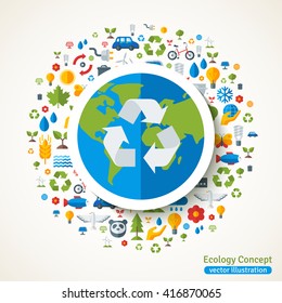 Earth with recycling symbol flat sticker. Vector concept illustration with icons of ecology, environment, green energy and pollution. Save the planet. Eco Technology.