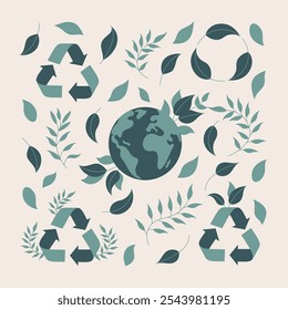 Earth, recycling symbols, and green leaves.