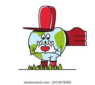 Earth in a red cap shows a heart. Graphic design. Vector illustration.