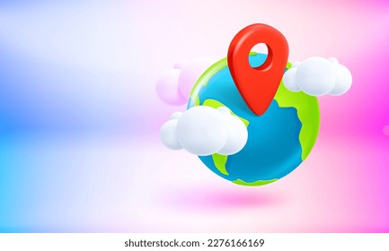 The Earth with red pin of GPS location. 3d vector banner with copy space