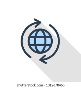 Earth and refrash arrows thin line flat color icon. Linear vector illustration. Pictogram isolated on white background. Colorful long shadow design.