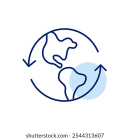 Earth in refresh arrows. Recycling, eco-friendly sustainability practices. Pixel perfect, editable stroke icon