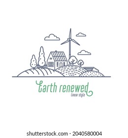 Earth renewed concept thin line vector illustration. Windmill and solar energy as an alternative electricity resource for a farm. Outline style vector illustration on white background.