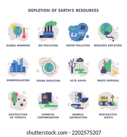 Earth Resources Depletion with Global Warming, Air Pollution, Waste Disposal, Forest Destruction and Chemical Contamination Vector Set